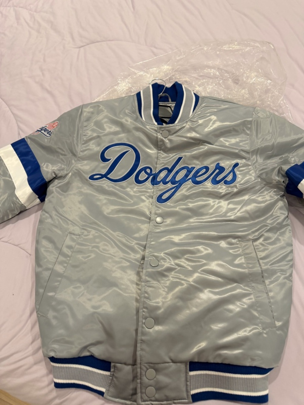 Los Angeles Dodgers Satin Jacket in Silver with Blue Script